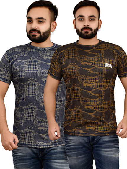 Pack of 2 Energica Active Men's Printed T-Shirts RDE-72 ,Color- Khaki-Blue