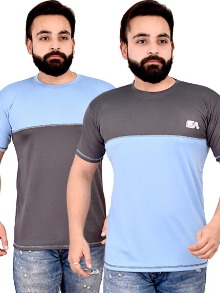 Pack of 2 Energica Active Men's Solid T-Shirts RDE-88 ,Color-Sky B Dark G